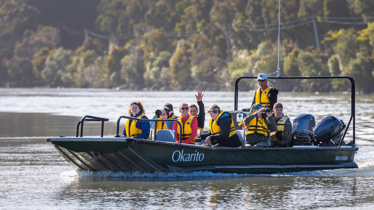 Passengers Aboard Okarito Boat Eco Tours West Coast New Zealand Watching Common New Zealand Birds On Guided Photography Tour
